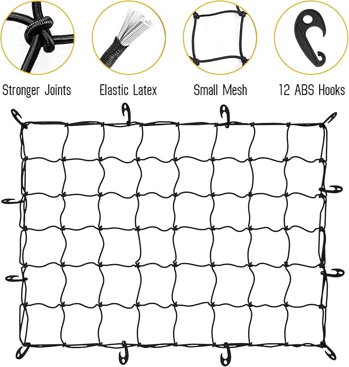 ARKSEN 36" x 48" Heavy Duty Tangle-Free Nylon Cargo Net (6" x 6" Mesh) Universal Bungee Stretches for Pickup, Truck, Bed, SUV, Roof Rack & Travel Luggage Rack
