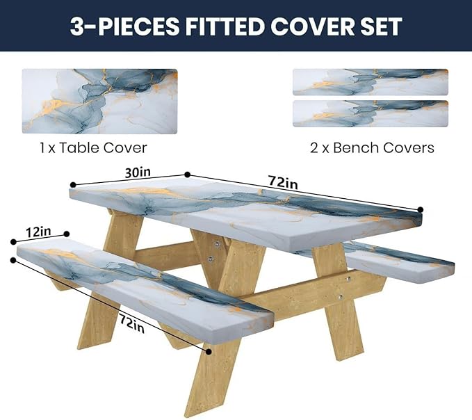 CAPSCEOLL Picnic Table Cover with Bench Covers Waterproof Camping Tablecloth All-Weather Outdoor Table Protector with Drawstring Bag for Camping Essentials, 72X30in, Grey White