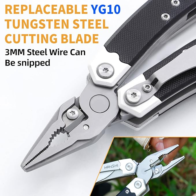 HANSHI G10 Handle Multitool Pliers with YG10 Tungsten Steel Replaceable Wire Cutters 12 in 1 Multi Tool Pocket Knife with Safety Lock,Saw,Bottel Opener for Camping,Survival with Nylon Sheath (black)