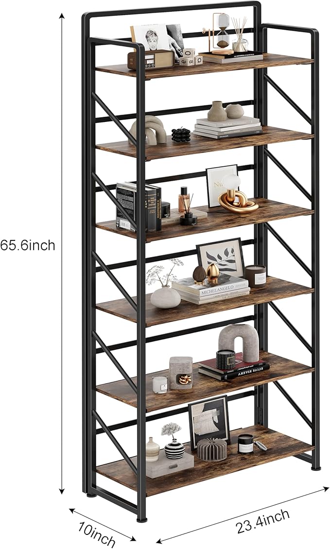 JSB No Assembly Folding Bookshelf, 6 Tier Industrial Metal Book Shelf for Storage, Vintage Wood Foldable Bookcase for Living Room, Bedroom, Office Organization Shelves