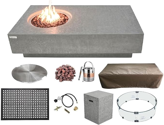 Elementi | Bundle Metropolis Gas Fire Pit Cast Concrete 56" Rectangular Fire Table, Outdoor Fire Pit Electronic Ignition | Canvas Cover, Lava Rock Included | Light Gray (Propane Gas)