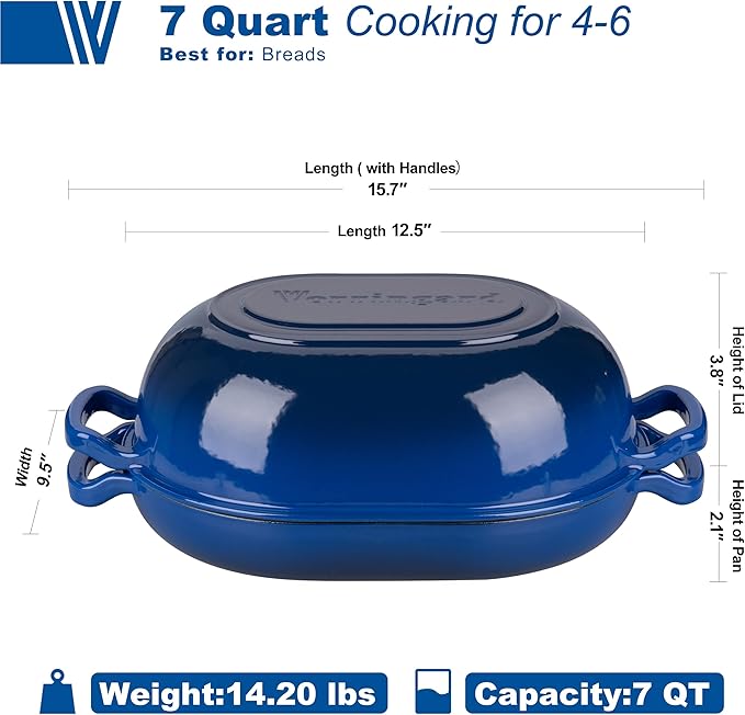Enameled Cast Iron Sourdough Bread Oven, Dutch Oven, Loaf Cast Iron Bread Pan for Homemade Bread Baking, Meatloaf Pan with Lid, 7QT, Blue