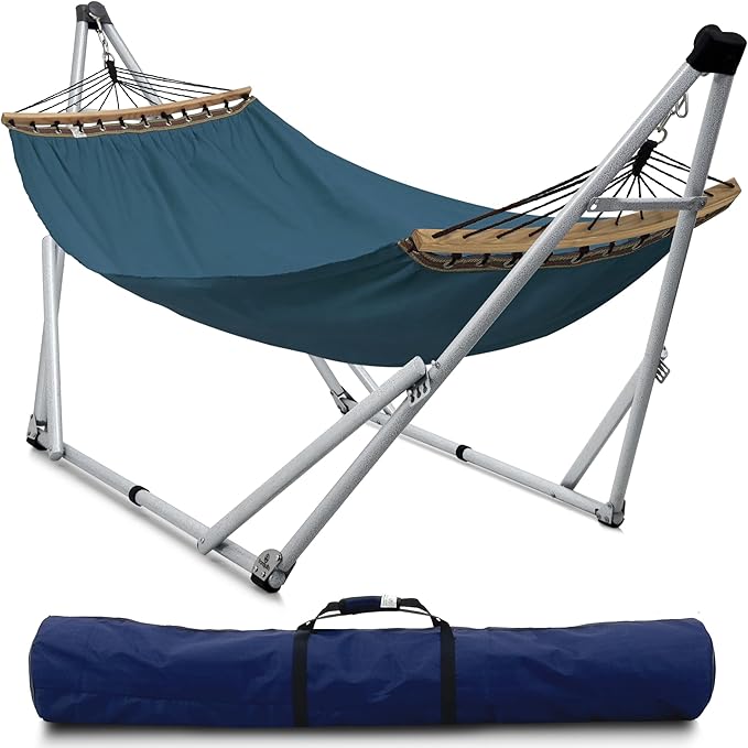 Tranquillo Ultimate Relaxation Portable Hammock Stand with Cotton Canvas, Spreader Bar, Quick Fold Unfold in 30 Seconds Steel Frame Hammock 600 lbs Capacity Hammock Set, White Frame, Blue