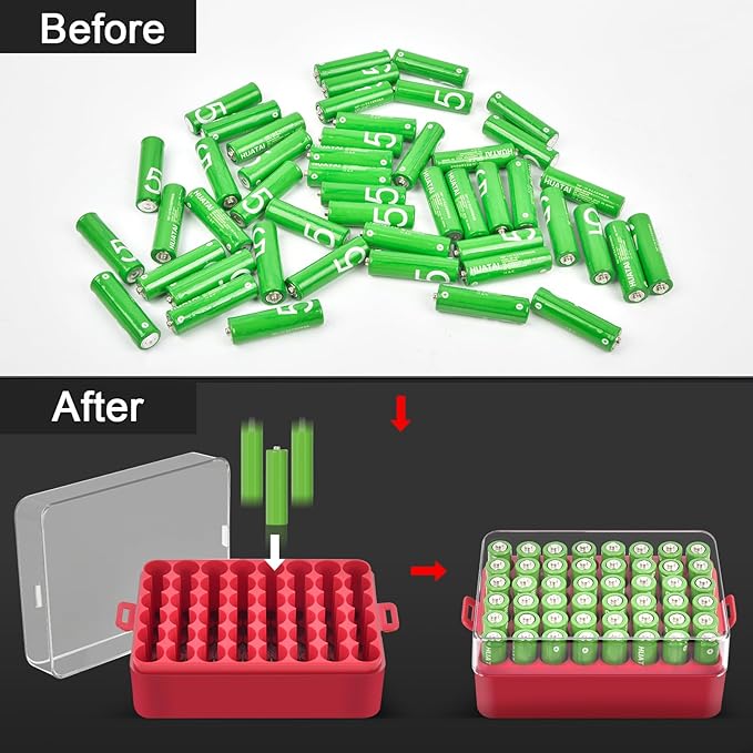 ALCYON Battery Organizer Storage Case, Small Battery Vault Box Container for 48pcs AA Batteries, Plastic Clear Protective Battery Holder for Travelling/Home/Office (Red, Large)