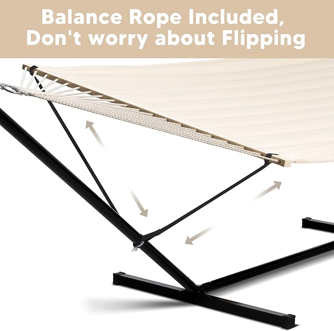 SUNCREAT Hammocks Extra Large Double Hammock with 12 ft Stand, 475lbs Capacity, Outdoor Portable Hammock with Hardwood Spreader Bar, Extra Large Pillow, Beige