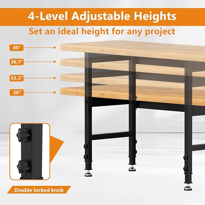 60" Work Bench, Adjustable Height Workbench with Rubber Pad, Heavy-Duty Work Table with Power Outlets, 2000 LBS Capacity Workstation for Garage, Workshop, Office, Home