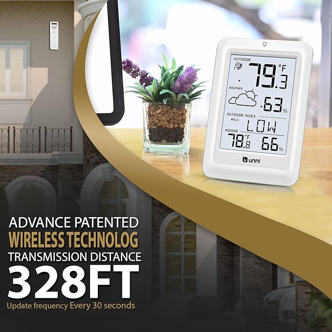 Indoor Outdoor Thermometer Wireless Weather Station, Temperature Humidity Monitor Battery Powered Inside Outside Thermometers with 330ft Range Remote Sensor and Backlight Display（WH01）