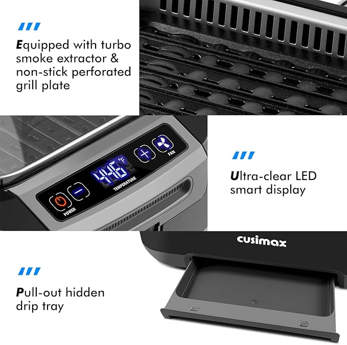 CUSIMAX Smokeless Indoor Grill, 1500W Electric Grill Korean BBQ Grill with LED Smart Display & Tempered Glass Lid, Non-stick Removable Grill Plate, Turbo Smoke Extractor, Black New Model