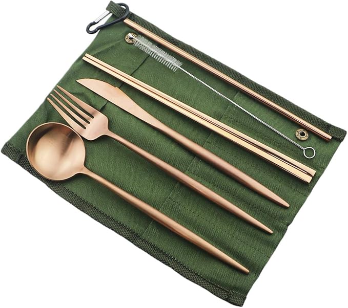 Gugrida Reusable Travel Utensils, 7 Piece Portable 304 Stainless Steel including Knife Fork Spoon Chopsticks Cleaning Brush Straws Portable Pouch, Eco-friendly Camping Silverware Set, Dishwasher Safe