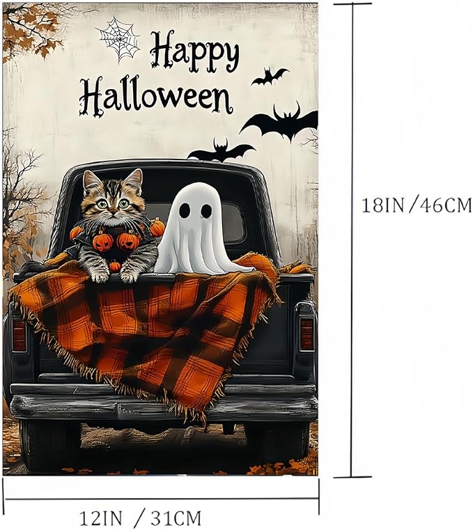 Happy Halloween Garden Flag 12X18 Inch Double Side,Ghost Yard Flag,Cat Small Garden Flag,Yard Outdoor Flag for Holiday Outside Patio Lawn Decoration