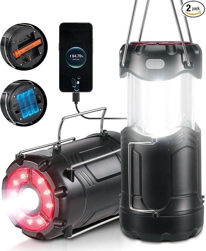 2 Pack Collapsible LED Camping Lantern, Consciot USB C Rechargeable and Battery Powered 2-in-1 Emergency Light with Flashlight and Magnetic Base, Power Outages Hurricane Supplies Survival Kits,Black