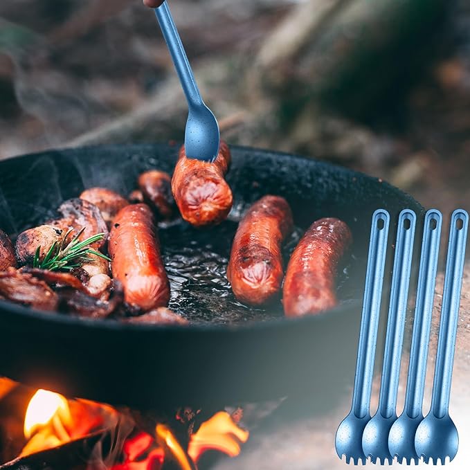 4 Pieces Titanium Long Handle Spork and Spoon Ultralight Portabale Flatware 8.7 Inch Soup Spoon Camping Spork for Outdoor Camping Backpacking Hiking Travel Picnic Tableware (Blue)