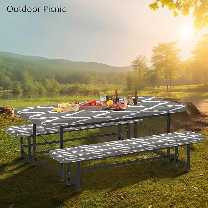 CAPSCEOLL Elastic Picnic Table Cover with Bench Covers 5Ft Waterproof Fitted Picnic Table Cover Cloths for Outdoors Camping Tablecloth with Drawstring Bag, 60X30in, White Grey