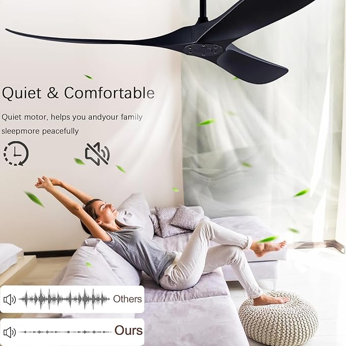 60" Solid Wood Lampless Ceiling Fan, Indoor/Outdoor, Modern, Black, 3 Wood Blades, DC Inverter Motor, Remote Control, 6 Speeds, 145 RPM, 30DB, for Living Room, Bedroom, Office, Farmhouse