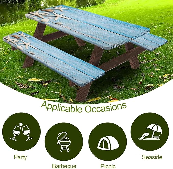 CAPSCEOLL Elastic Picnic Table Cover with Bench Covers 5Ft Waterproof Fitted Picnic Table Cover Cloths for Outdoors Camping Tablecloth with Drawstring Bag, 60X30in, Summer Blue Wood