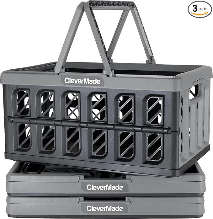 CleverMade Collapsible Shopping Basket, Stone, 3PK - 24L (6 Gal) Reusable Plastic Grocery Shopping Baskets, Holds 25lbs Per Basket - Small Foldable Storage Crates with Handles