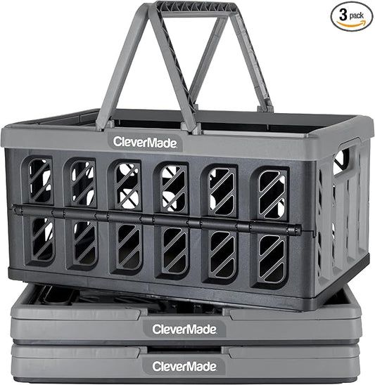 CleverMade Collapsible Shopping Basket, Stone, 3PK - 24L (6 Gal) Reusable Plastic Grocery Shopping Baskets, Holds 25lbs Per Basket - Small Foldable Storage Crates with Handles