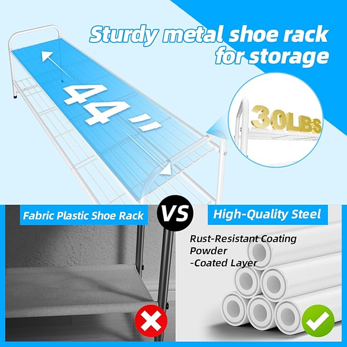 2 Tier Shoe Rack for Closet, 44 Inch Extra Long Shoe Storage Organizer for Shelves, Heavy Duty Metal, Easy Assembly, White