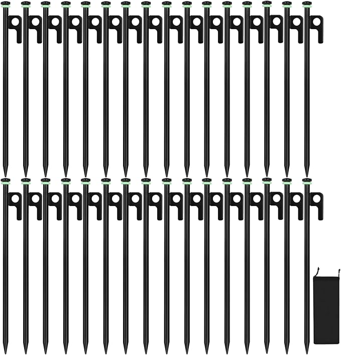 32Pcs Tent Stakes, 12in Heavy Duty Tent Stakes with Storage Pouch, Forged Steel Tent Sakes Metal, Metal Stakes for Tent Used on Grassland, Snowfield, Dessert(32Pcs, 12in, Diameter 3/8")