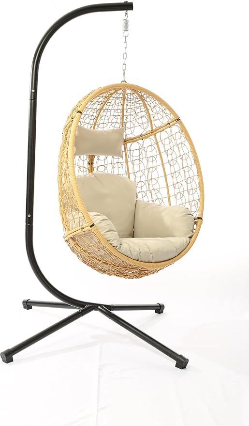 DoubleTT Indoor/Outdoor Wicker Swing Egg Chair Hammock Hanging Chair Nest Basket with Stand, UV Resistant Removable & Washable Cushions,350LBS Capacity for Bedroom, Balcony, Garden (Yellow and Beige)