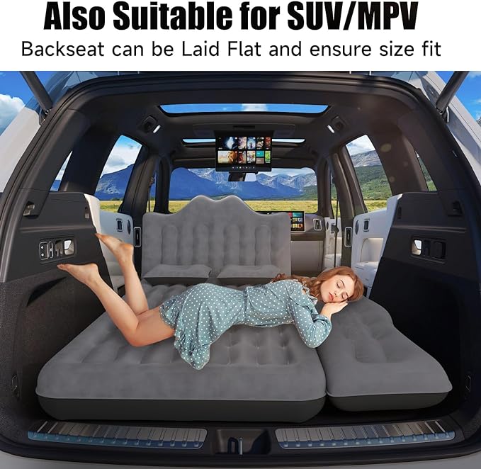 Car Air Mattress, Inflatable SUV Truck Air Mattress Back Seat Camping Bed Thickened Car Sleeping Pad for Travel, Car Bed SUV Mattress with Air Pump 2 Pillows