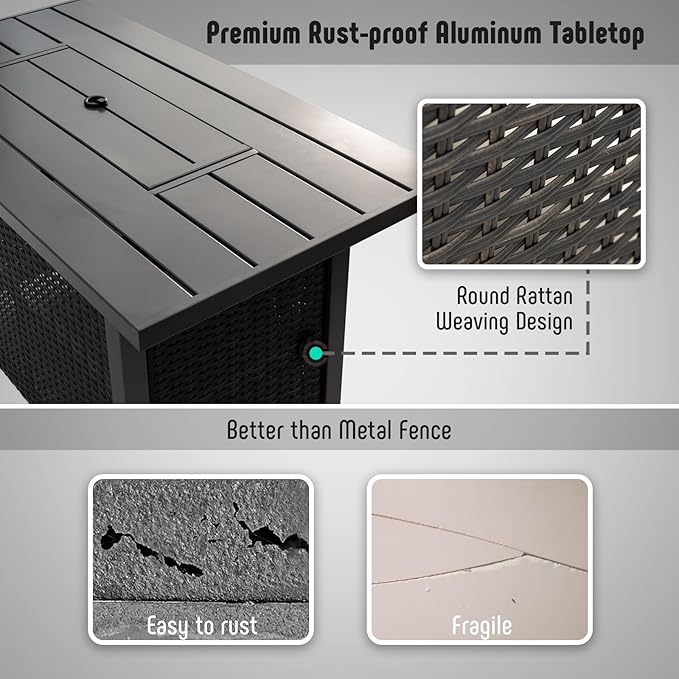 43" Propane Fire Pit Table with Rattan Fence, 50,000 BTU Gas Fire Pits for Outside Patio with Auto-Ignition, 2-in-1 Fire Table with Glass Stones,Wind Guard& Removable Lid, Black