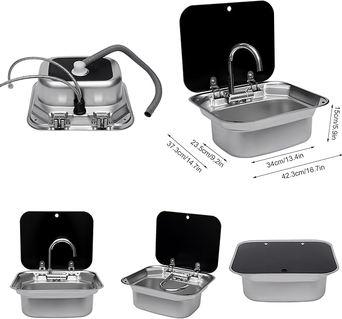 Folding RV Sink & Faucet Combo W/Lid, Bar Kitchen Sink 15 x 17 In Undermount Drop-in Sinks 304 Stainless Steel Single Bowl Workstation Sink Caravan Camper Van Boat Trailer Sink Hand Wash Basin