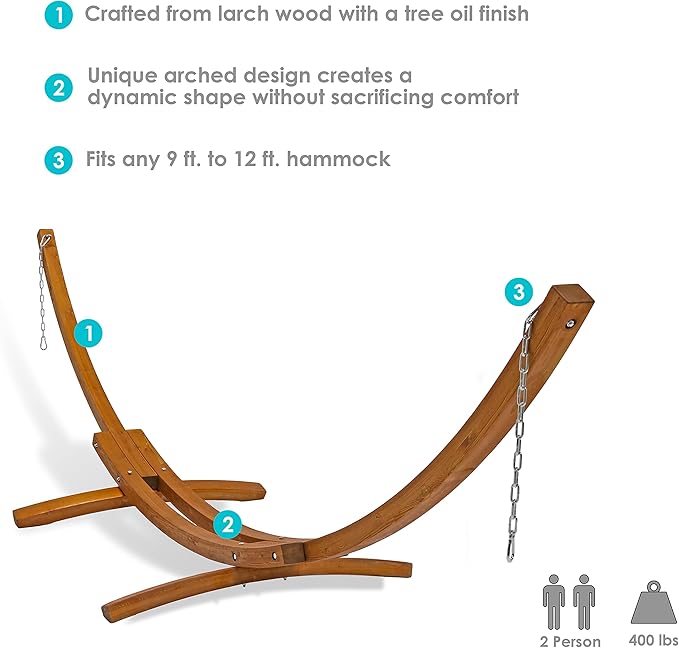 Sunnydaze Curved Wood Hammock Stand Only - 2-Person Wooden Hammock Stand for Outside with 400-Pound Capacity- 13-Foot