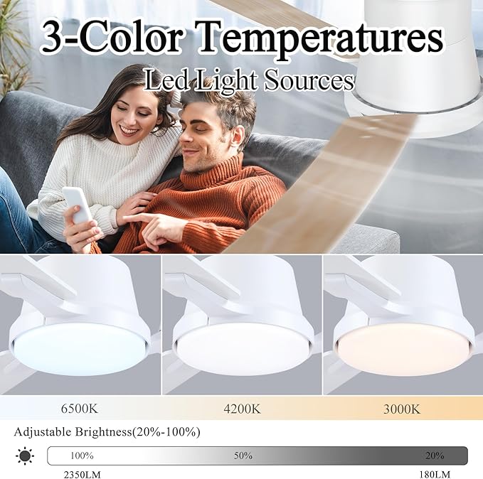 52 Inch Ceiling Fans with Lights,Low Profile Ceiling Fan,Modern Flush Mount,Reversible 6 Speeds,3CCT Dimmable Noiseless White Ceiling Fans for Living Room,Bedroom and Patio,ETL Listed