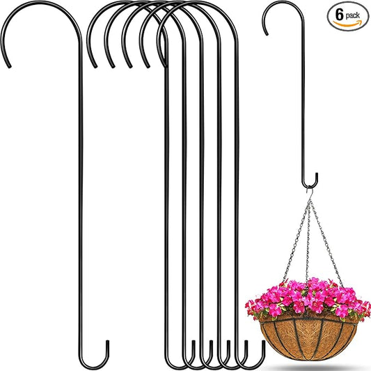 6 Pack 24 Inch Large S Hooks for Hanging Plants Black Metal Plant Hanger Long Tree Hooks Plant Hooks Outdoor Hanging Hooks for Tree Branch, Bird Feeder, Basket, Lantern Indoor Closet Garden