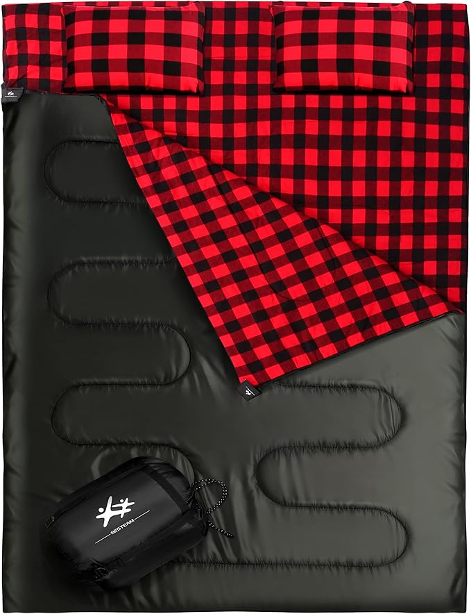 Double Sleeping Bag Flannel for Adults Kids, Queen Size for 2 Person with 2 Pillows, Warm & Cold Weather Sleeping Bag for Camping, Hiking, Waterproof Lightweight with Compression Sack