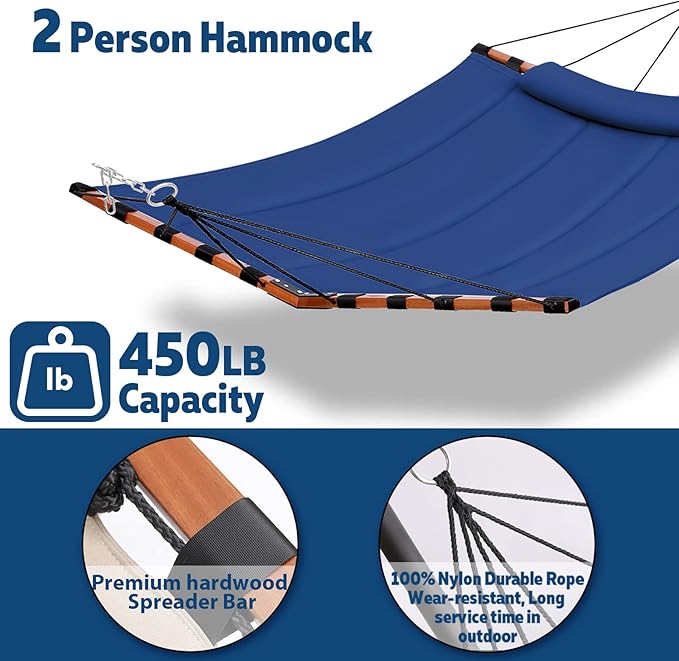TegerDeger 12FT 2 Person Hammock Large Hammock 450LB Capacity with V Shaped Hardwood Spreader Bar & Nylon Rope for Outside, Patio, Garden, Backyard, Beach, Poolside - Blue