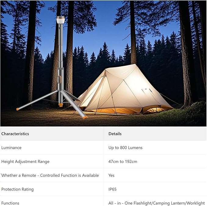 Telescopic Collapsible Camping Light - 800 Lumens, IP65 Waterproof, Remote Control, Magnetic Base, USB Rechargeable - Adjustable Height 47-192cm for Outdoor Hiking, Camping & Emergency Use