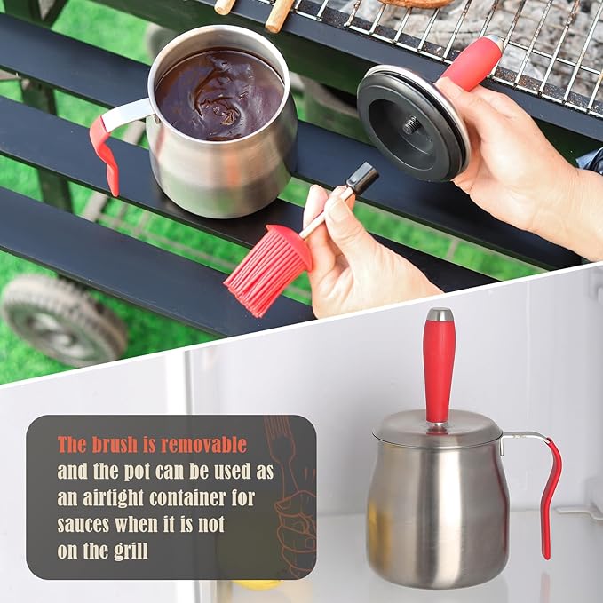 32 OUNCE BBQ Basting Pot with Brush，Grilling Gifts for Men/Women，Stainless Steel 304 Barbecue Sauce Container Brush Set，Airtight Melting Pot for Grill,Kitchen，Camping