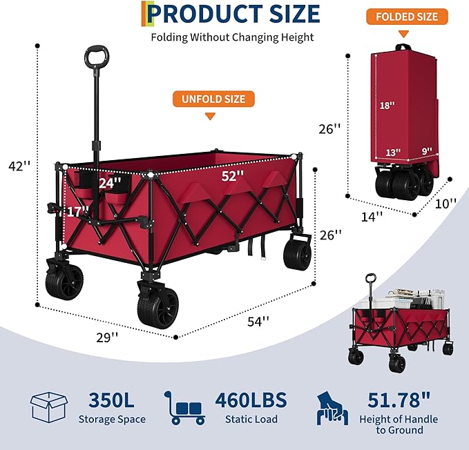 Heavy Duty Foldable Wagon for Beach, Extra Large Collapsible Foldable Wagon for Camping, All Terrain Beach Wagons Extended with Cup Holders for Sand
