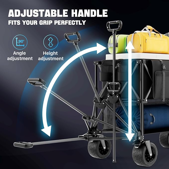 400L Folding Double Decker Wagon, 560LBS Heavy Duty Utility Cart with Brakes, Wagon Cart with Wheels Foldable, All-Terrain Big Wheels for Camping, Beach, Picnic, Outdoor Use, Black