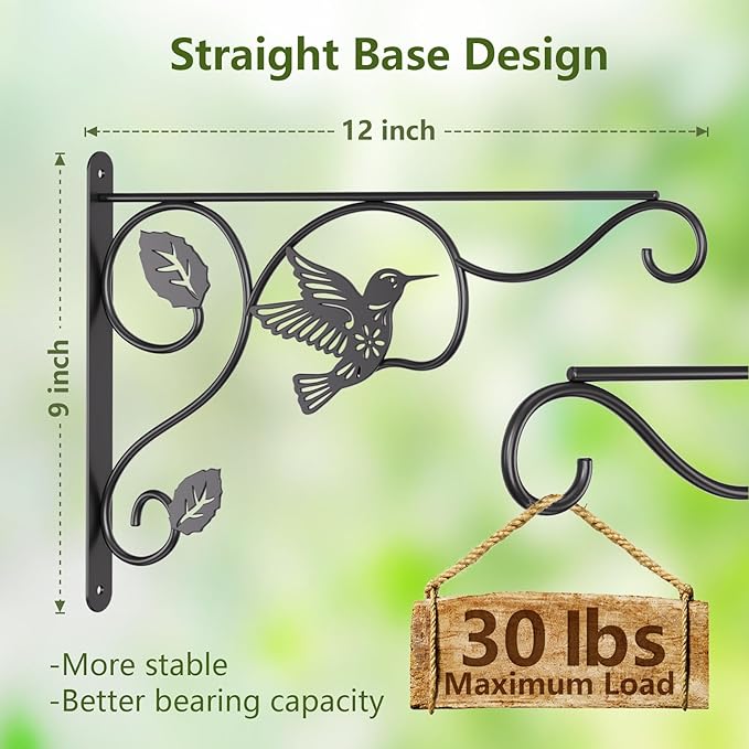 2 Pack Heavy Duty Plant Hooks for Hanging - 12 Inch Metal Wall Hangers Indoor/Outdoor, Sturdy Plant Bracket for Bird Feeders, Planters, Lanterns, Wind Chimes - Patio, Garden, Home Decor (Black)