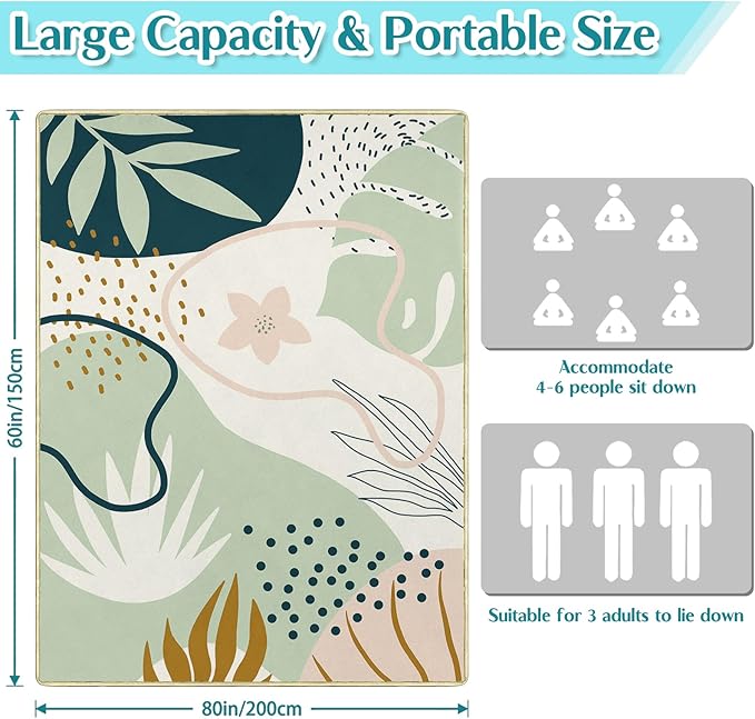 Green Botanical Picnic Blankets Waterproof Foldable, 60″X80″Boho Thick Picnic Mat Outdoor Blanket for Grass, Leaves Beach Blanket Sandproof Picnic Accessories for Camping Party Park Travel