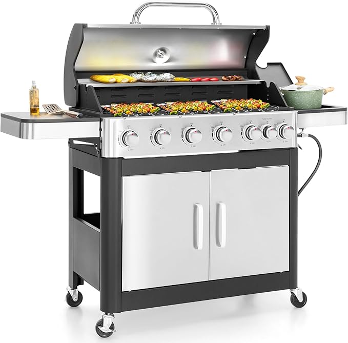 6 Burner Propane Gas BBQ Grill with Side Burner & Porcelain-Enameled Cast Iron Grate, 65,800 BTUs Barbecue Grill 665 Sq. In. Grilling Area, Outdoor Propane Grill for Camping Patio Backyard Cooking