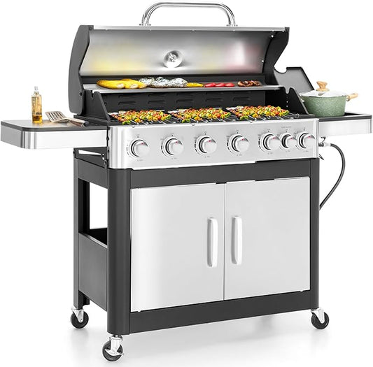 6 Burner Propane Gas BBQ Grill with Side Burner & Porcelain-Enameled Cast Iron Grate, 65,800 BTUs Barbecue Grill 665 Sq. In. Grilling Area, Outdoor Propane Grill for Camping Patio Backyard Cooking