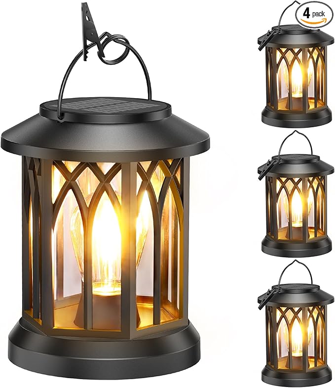 WdtPro Solar Lanterns Outdoor Hanging 4 Pack, Upgraded Bright Waterproof Lantern for Outside, Over 12Hrs Powered Lights for Garden, Yard, Patio Decor (Warm Light)
