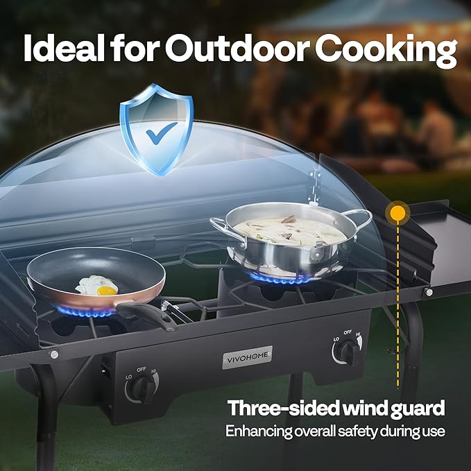 VIVOHOME 2 Burner Outdoor Propane Stove, Heavy Duty Gas Stove with 2 Side Panels and Windscreen, 150,000 BTU Camping Stove for Backyard Barbecues