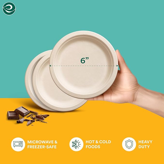 ECO SOUL 100% Compostable 6 Inch Small Paper Plates 500 [4x125 Pc] Disposable Bulk Party Heavy Duty, Eco-Friendly, Appetizer, Dessert, Wedding Plates I Biodegradable Unbleached Sugarcane Eco Plates