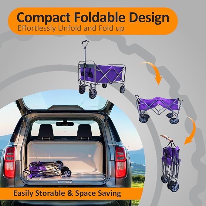 Collapsible Wagon Cart, Large Capacity Utility Foldable Garden Cart, 150 lb Heavy Duty Outdoor Wagon with All-Terrain Wheels, for Camping, Garden,Shopping, Sports, Purple