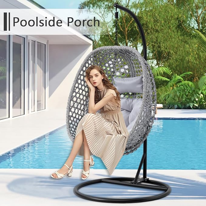 JUFU Egg Swing Chair with Stand,Hanging Egg Chair Indoor Outdoor,Hammock Hanging Basket Chair with Aluminum Steel Frame，Patio Egg Chair with Removable Cushions for Patio Balcony Backyard,Bedrooms