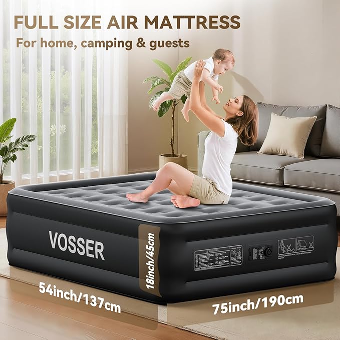 Air Mattress Full with Built in Pump,18’’Raised Blow Up Mattress,Self Inflatable Mattress in 3 Mins,Portable Air Bed for Home,Floor&Travel,Full Size Air Mattress for Adults 660LB Max,Black