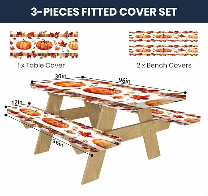 CAPSCEOLL Fitted Picnic Table Cover with Bench Covers with Elastic 8Ft Waterproof Picnic Table Cloths Windproof Outdoor Camping Tablecloth with Drawstring Bag, 96X30in, Pumpkins Leaf