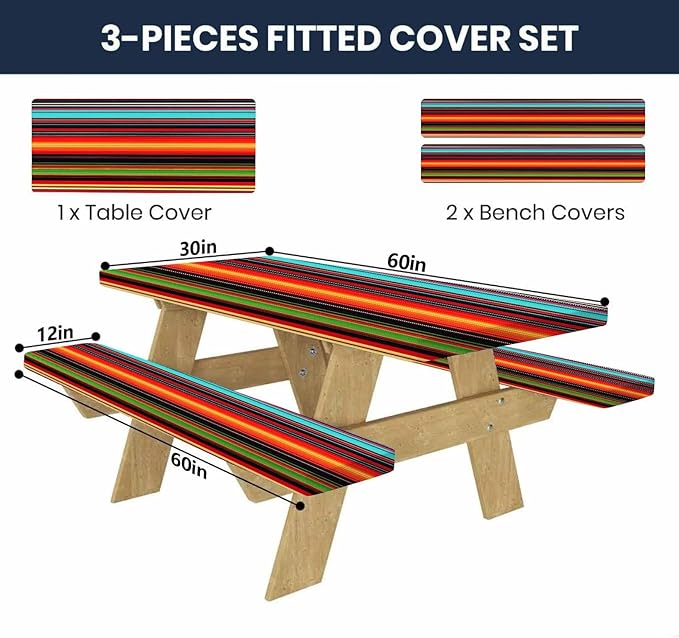 CAPSCEOLL Elastic Picnic Table Cover with Bench Covers 5Ft Waterproof Fitted Picnic Table Cover Cloths for Outdoors Camping Tablecloth with Drawstring Bag, 60X30in, Colorful Stripes