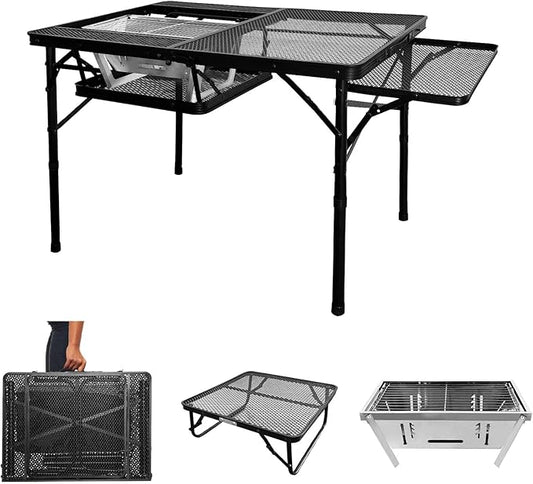 4ft Folding BBQ Table with Wing Plate, Height Adjustable Metal Table with Small Charcoal Grill, Portable Outdoor Table Removable to Two Tables (Bright Black)