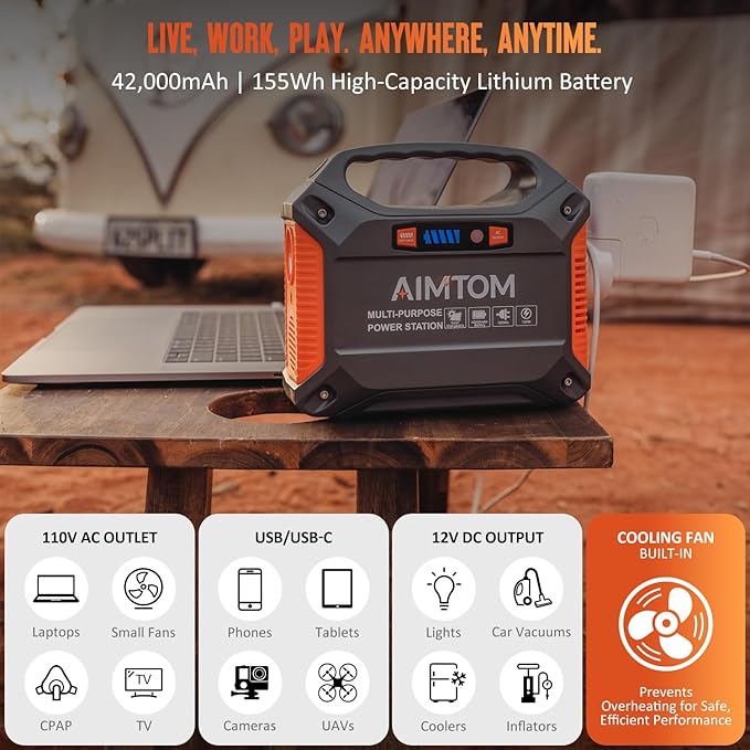 AIMTOM 155Wh Portable Power Station, 42000mAh Lithium Backup Battery with Flashlight, Solar Charging Option – 150W Peak (100W AC), 12V DC, USB & USB-C for Camping, Home, RV, Travel & Digital Nomads